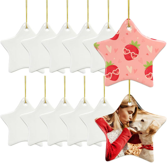 Sublimation Ceramic Ornament Blanks - Bulk White Porcelain Ornament for Heat Press Printing - Personalized Christmas Decoration Supplies (12 Stars)