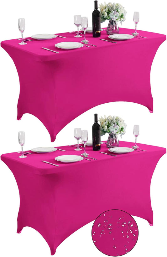 SuperO 2Pack Waterproof Spandex Table Cover for 4FT Table Universal Fitted Stretch Tablecloth for Party, Banquet, Wedding and Events-Fuchsia