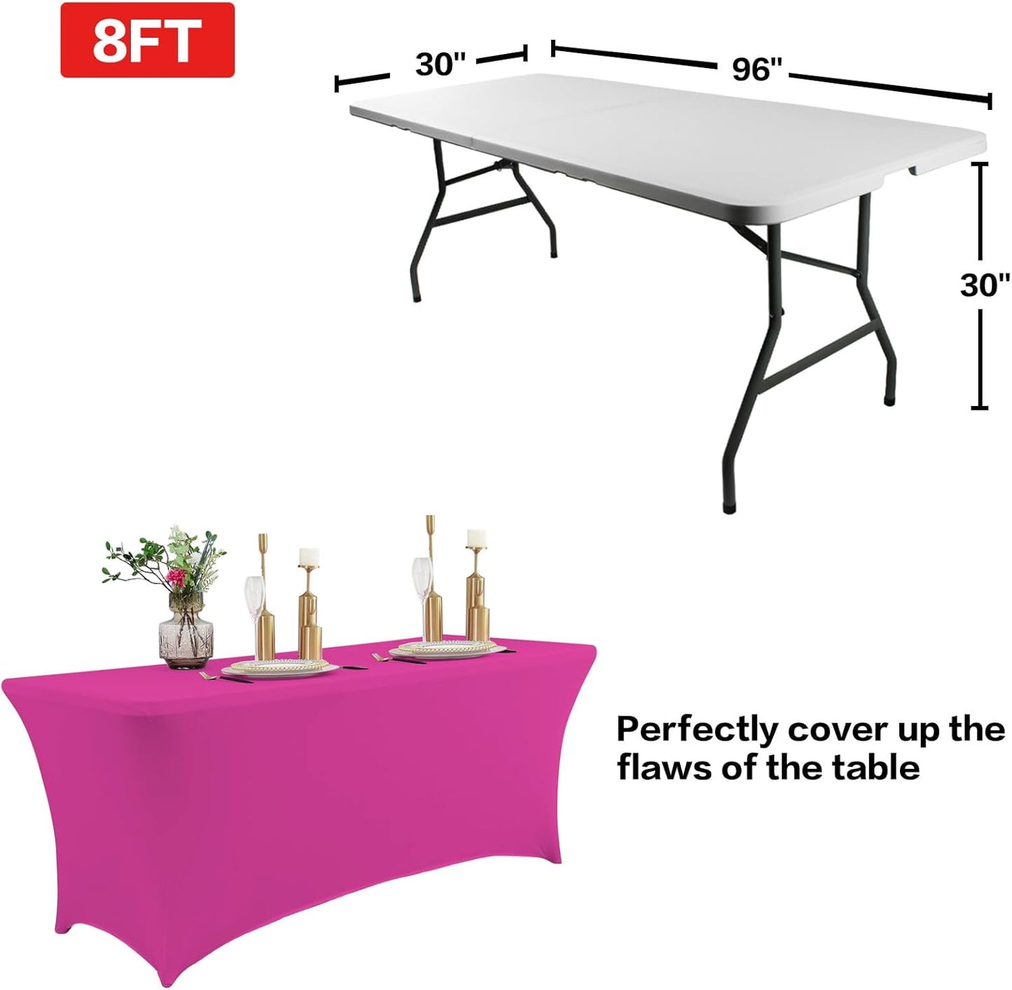 IVAPUPU 8FT Table Cloth for Rectangular Fitted Events Stretch Fuchsia Table Covers Washable Cover Spandex Tablecloth Protector for Party, Wedding, Cocktail, Banquet, Festival