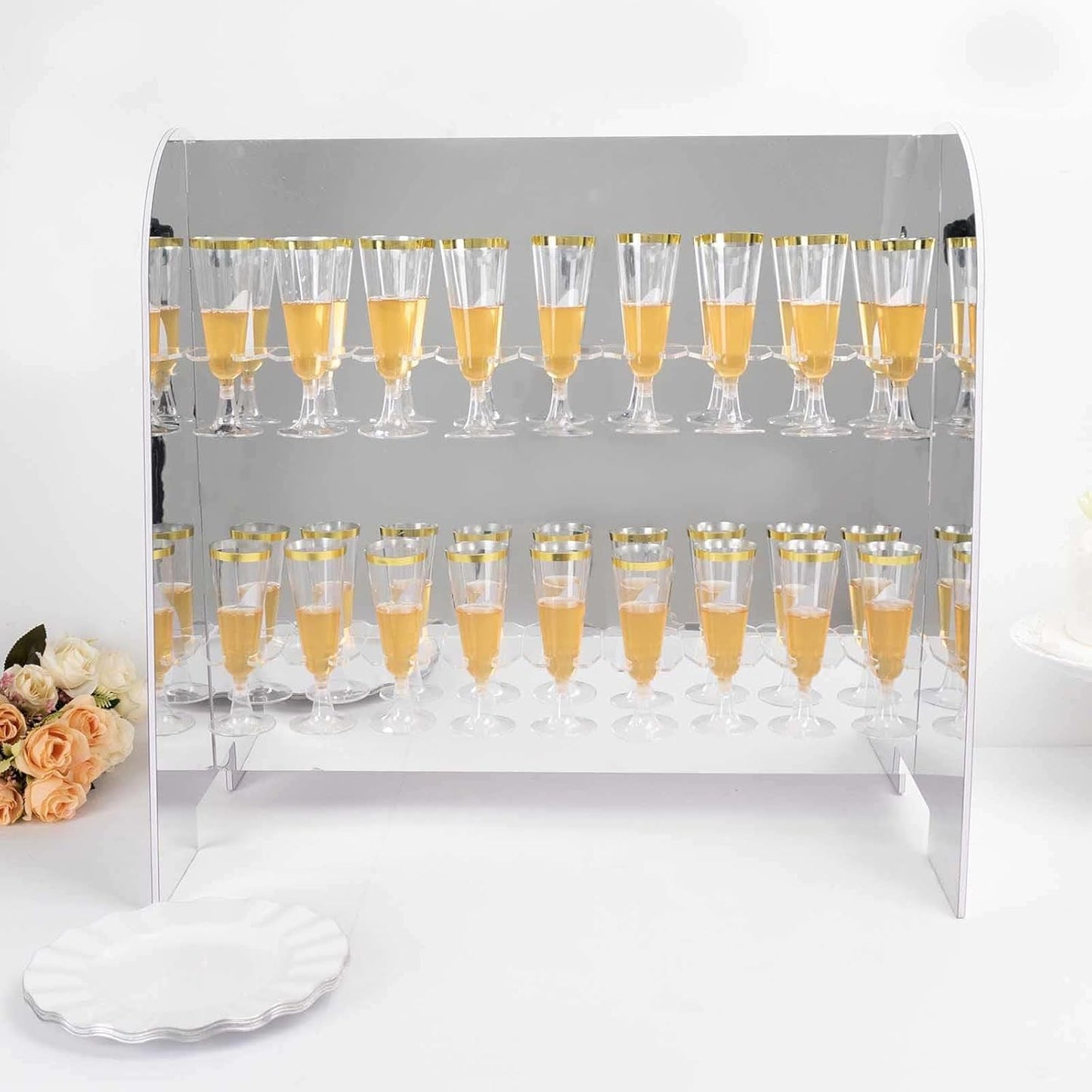 Tableclothsfactory Silver Mirror Finish 2-Tier Wine Glass Stemware Rack, 18 Champagne Flute Holder Foam Board Stand - 25"