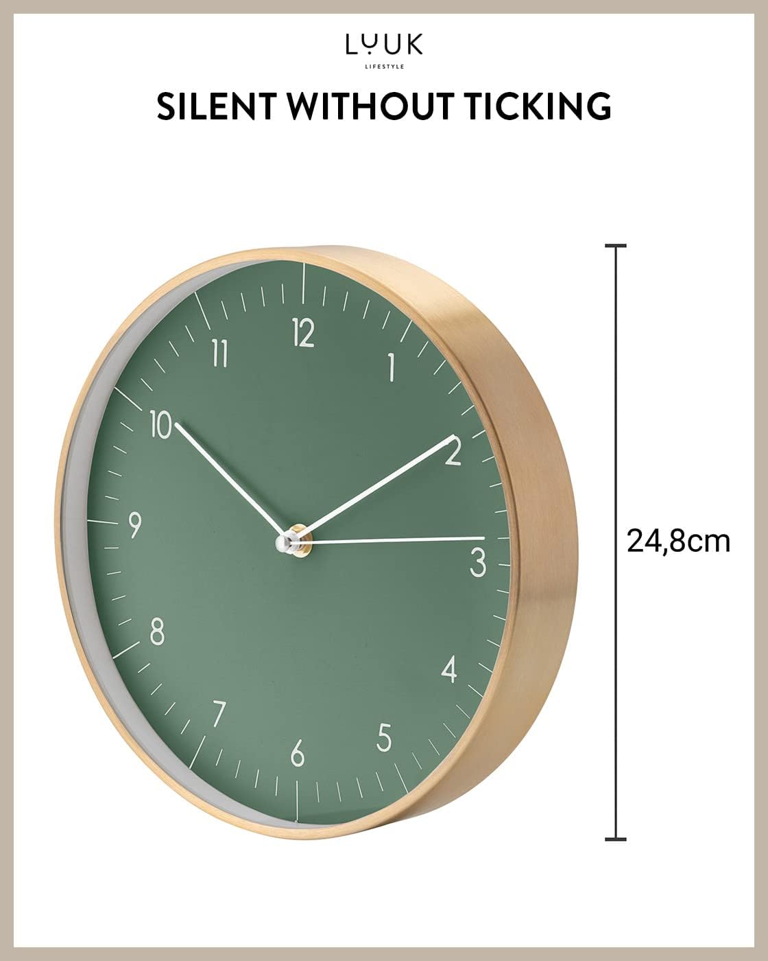 LUUK LIFESTYLE Wall Clock with Silent Movement, Without Ticking, Elegant and Functional Design, Housewarming Gift idea, Decorative, Dark Green and Gold