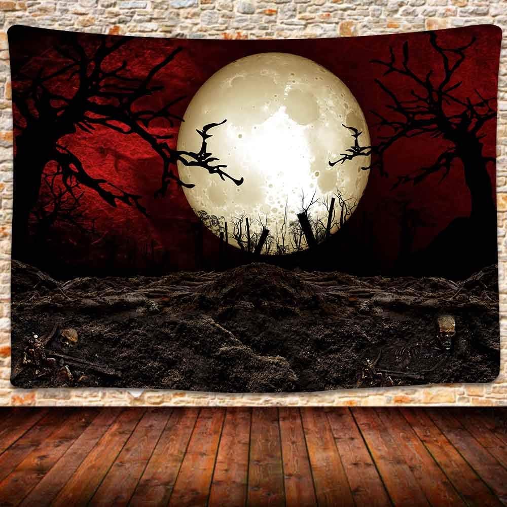 SHRAPHY Full Moon Tapestry Moon Horror Cemetery Scarlet Sky Tapestry Event Bedroom Home Decor 80X60 Inches GTLSUH123