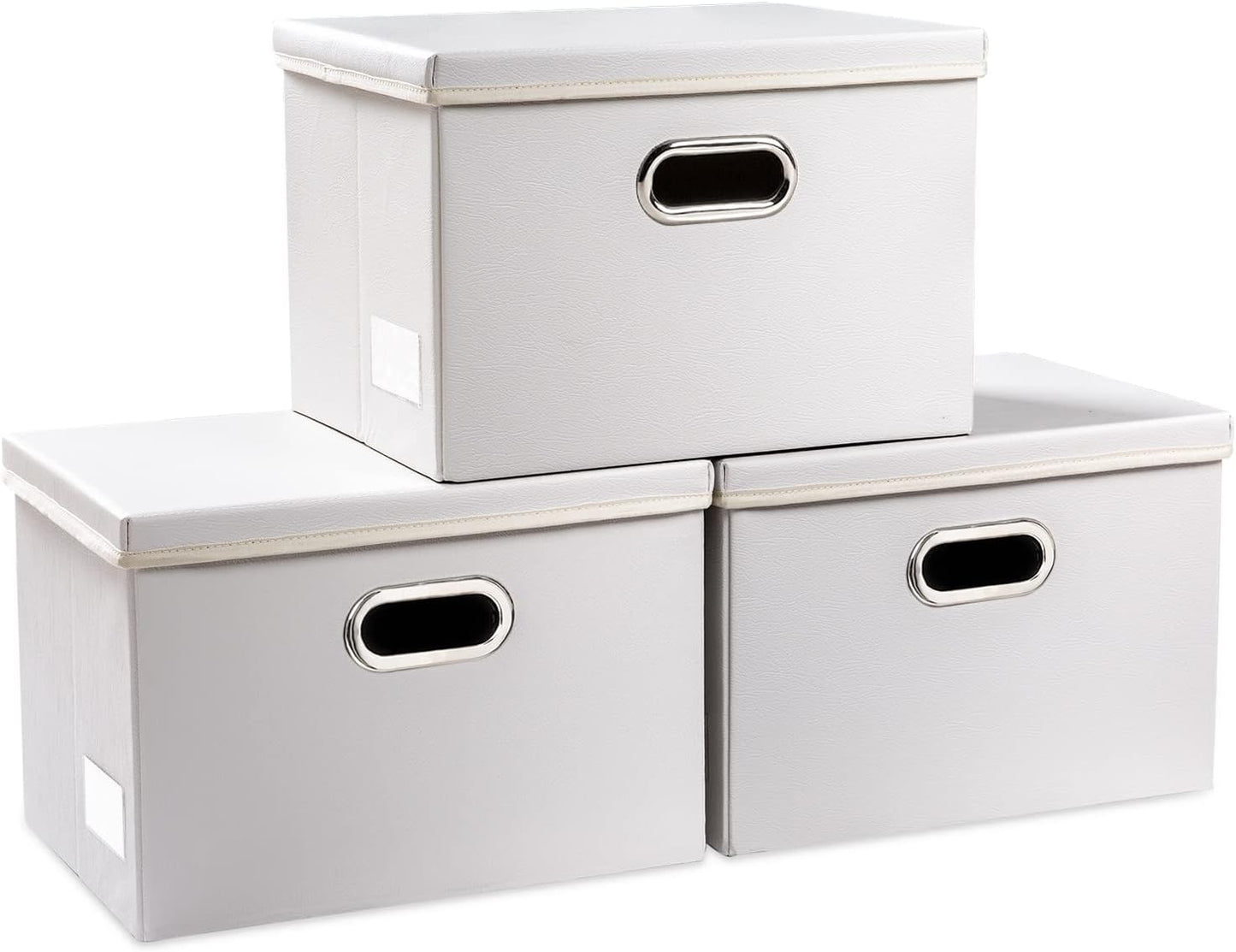 PRANDOM Collapsible Storage Bins with Lids [3-Pack] Leather Fabric Foldable Storage Boxes Organizer Containers Baskets Cube with Cover for Bedroom Closet Office Nursery White (14.9x10.8x10)