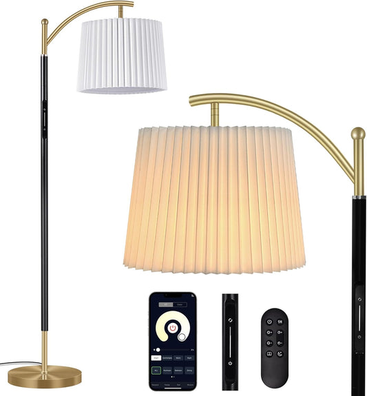 Floor Lamp, LED Floor Lamp with APP & Remote & Touch Control, Stepless Color Temperatures and Brightness, Tall Standing Lamp with Pleated Lampshade for Living Room, Bedroom, Office(Black Gold)