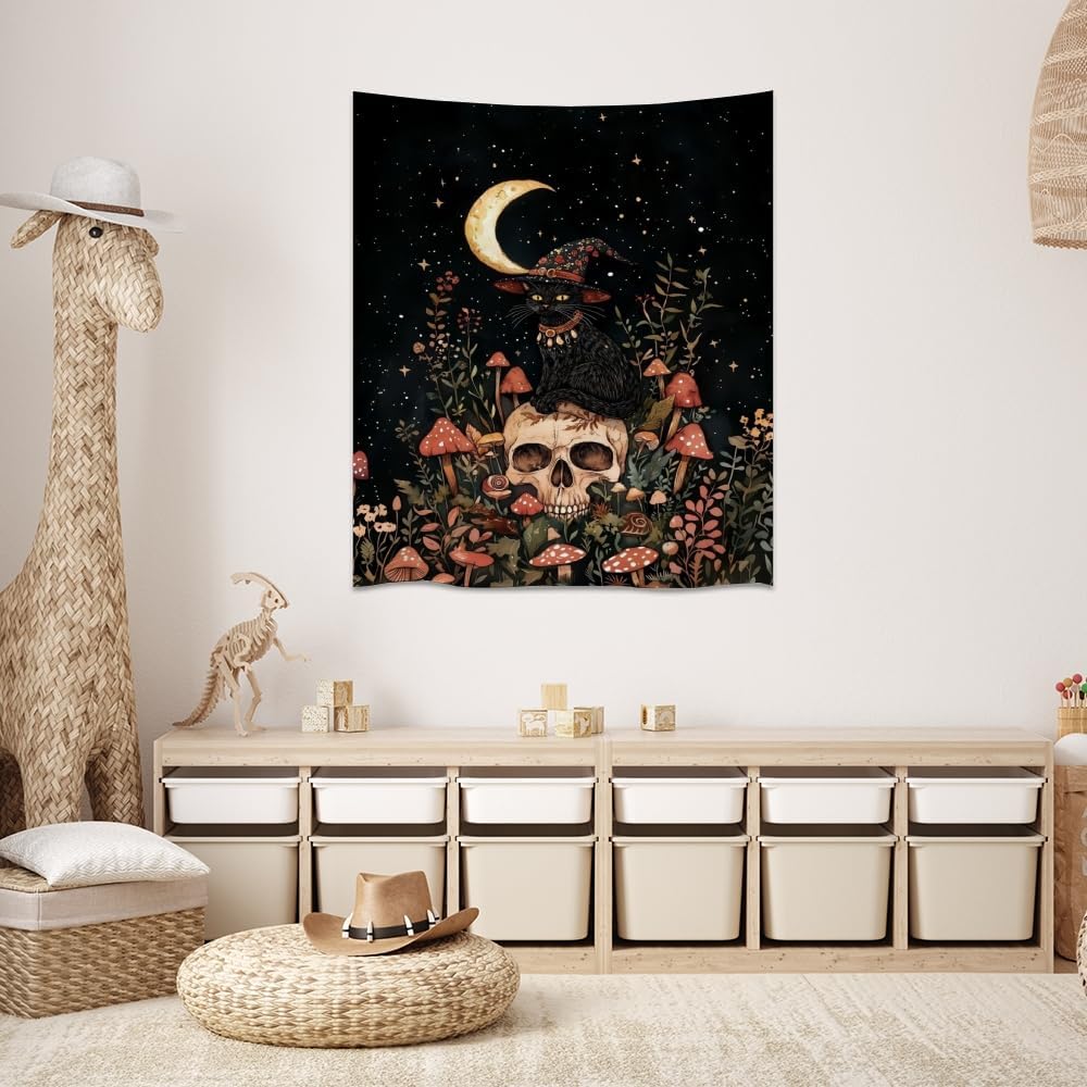 Halloween Witch Cat Tapestry Gothic Skull and Mushroom Artwork Print Spooky Halloween Witchy Wall Hanging Decor Black Cat Crescent Moon art Tapestries for Living Room Bedroom Decoration 40x60inch