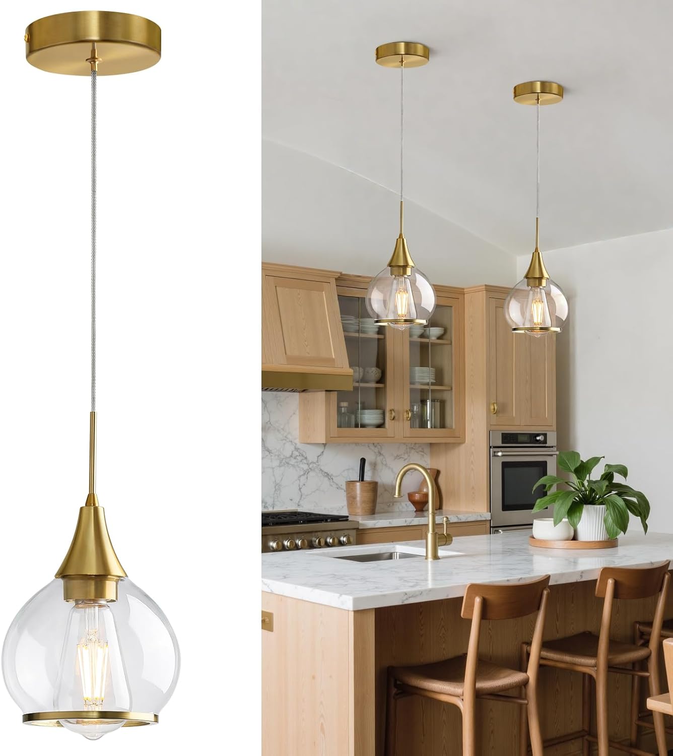 Pendant Light Fixtures Kitchen: Brushed Gold Farmhouse Island Light with Clear Glass - 6 Inch Mid Century Globe Kitchen Lighting Chandeliers Ceiling for Dining Room