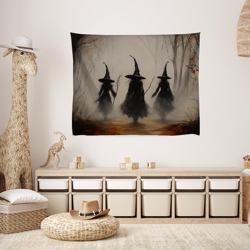 Witchy Halloween Tapestry Wall Hanging Vintage Spooky Witch Room Print Dark Academia Autumn Forest Three Witches Tapestries Decor for Halloween Living Room Bedroom Decoration 40x60inch