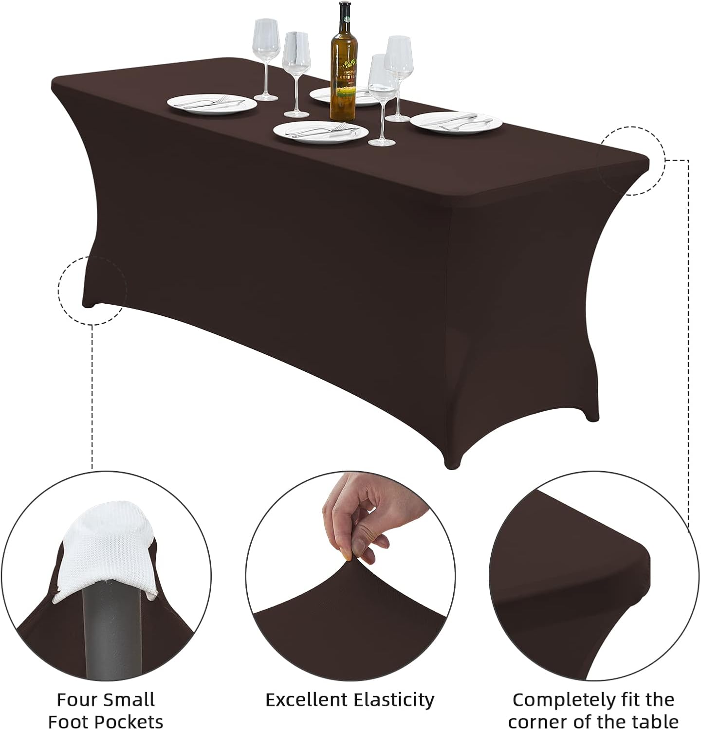 CWK 6FT Waterproof Stretch Spandex Table Cover for Rectangular Tables - Elastic Fitted Tablecloth for Folding Tables,Wrinkle Resistant Table Cloth for Parties, Weddings, Banquets & Events (Coffee)
