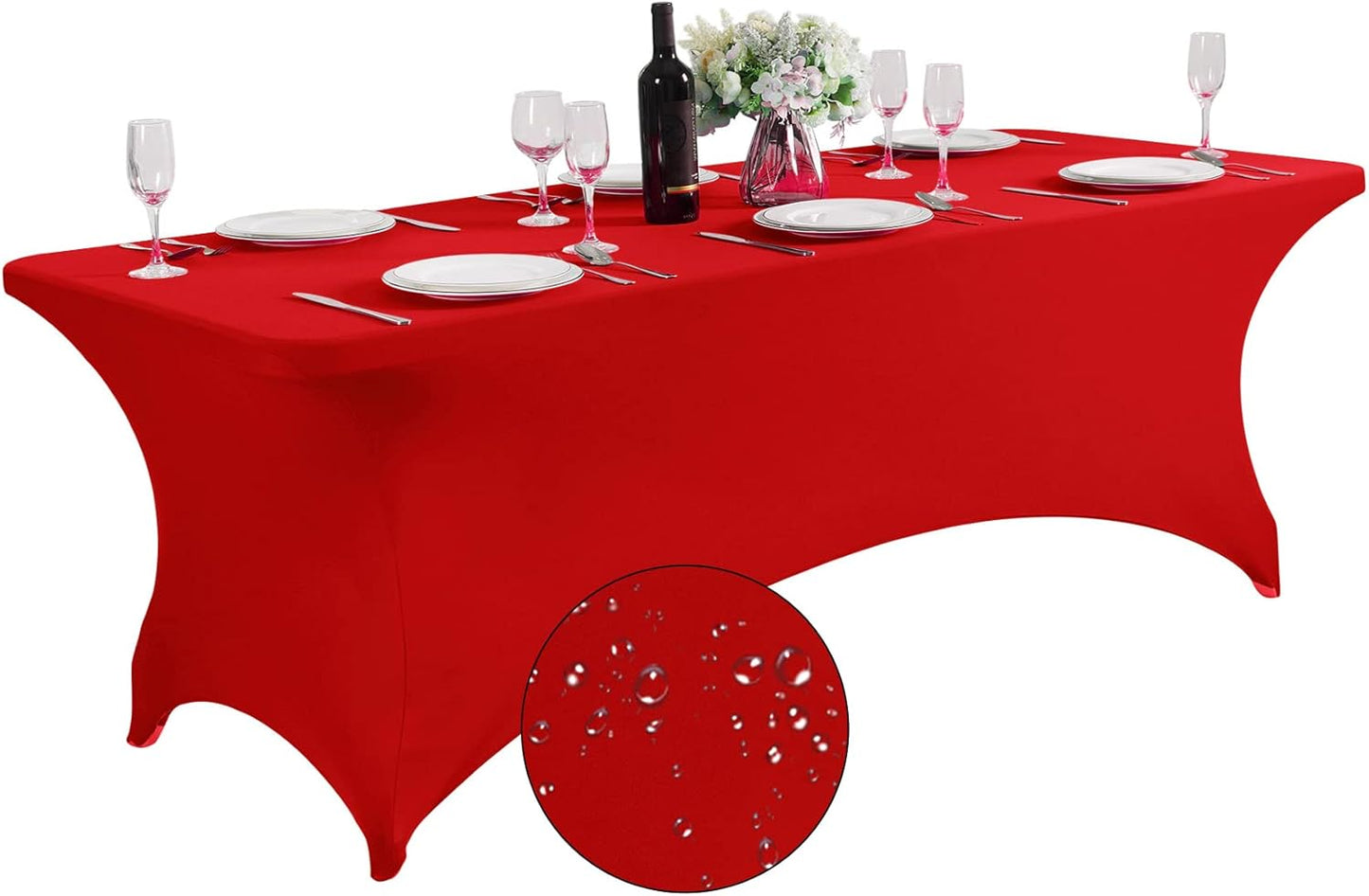SuperO Waterproof Spandex Table Cover for 8FT Table Universal Fitted Stretch Tablecloth for Party, Banquet, Wedding and Events-Red