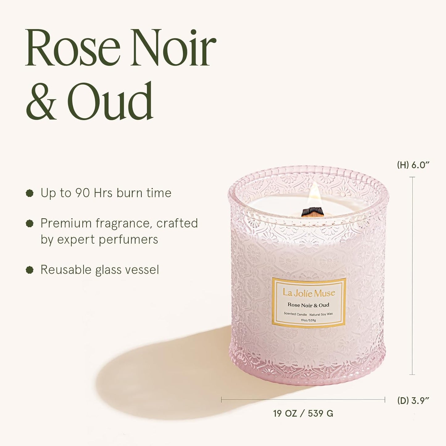 LA JOLIE MUSE Rose Noir & Oud Scented Candle – Lemon, Rose & Oud |19 oz Large Wooden Wick Candle | Natural Soy Wax | 90 Hours Clean Burn | Gift-Ready for Hosts & Gatherings | Elegant Home Décor