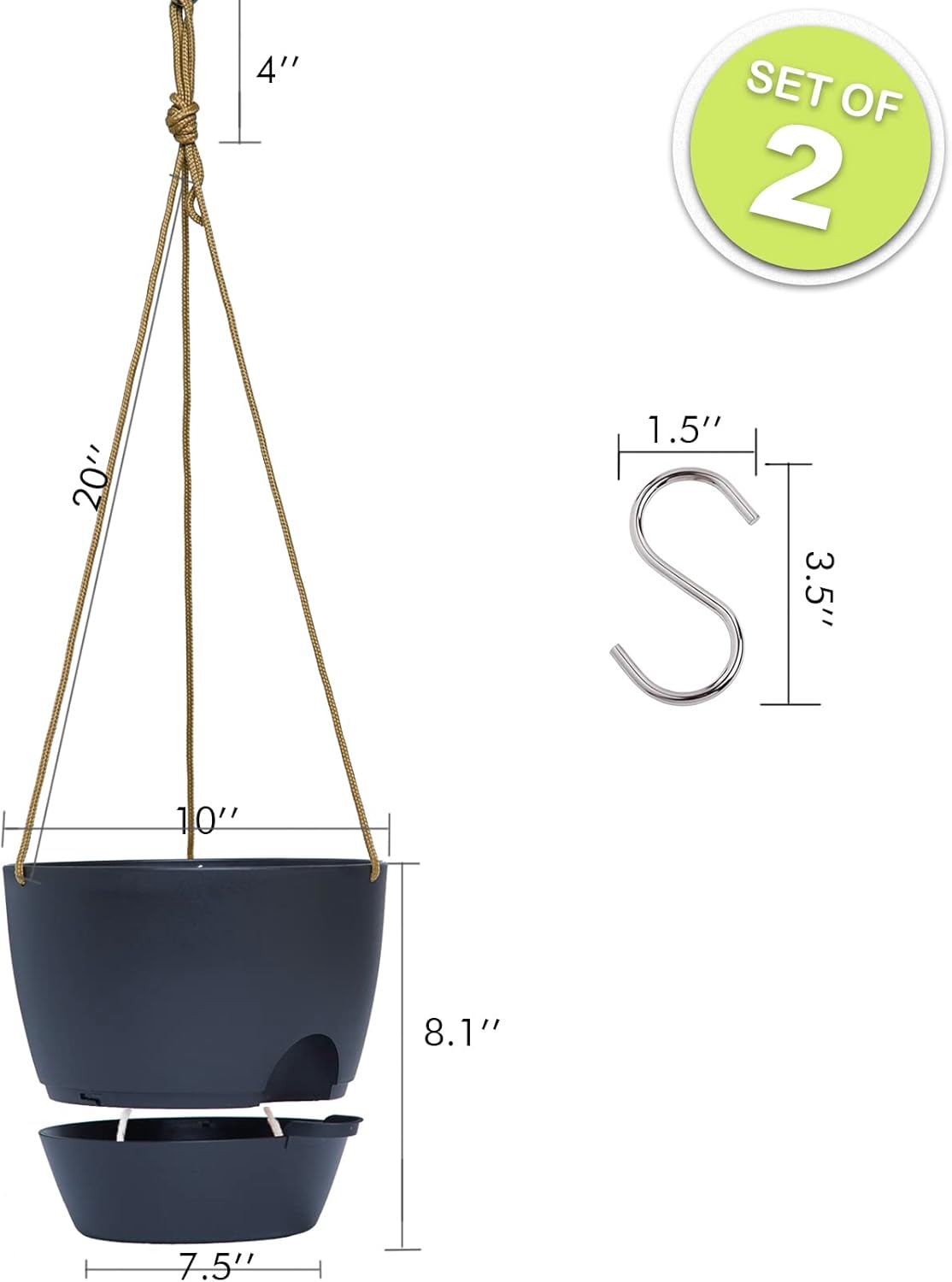 10 Inch Self Watering Hanging Pots, 2 Pack Hanging Planters with 40oZ Deep Reservior for Indoor Outdoor Plants Flowers, Black