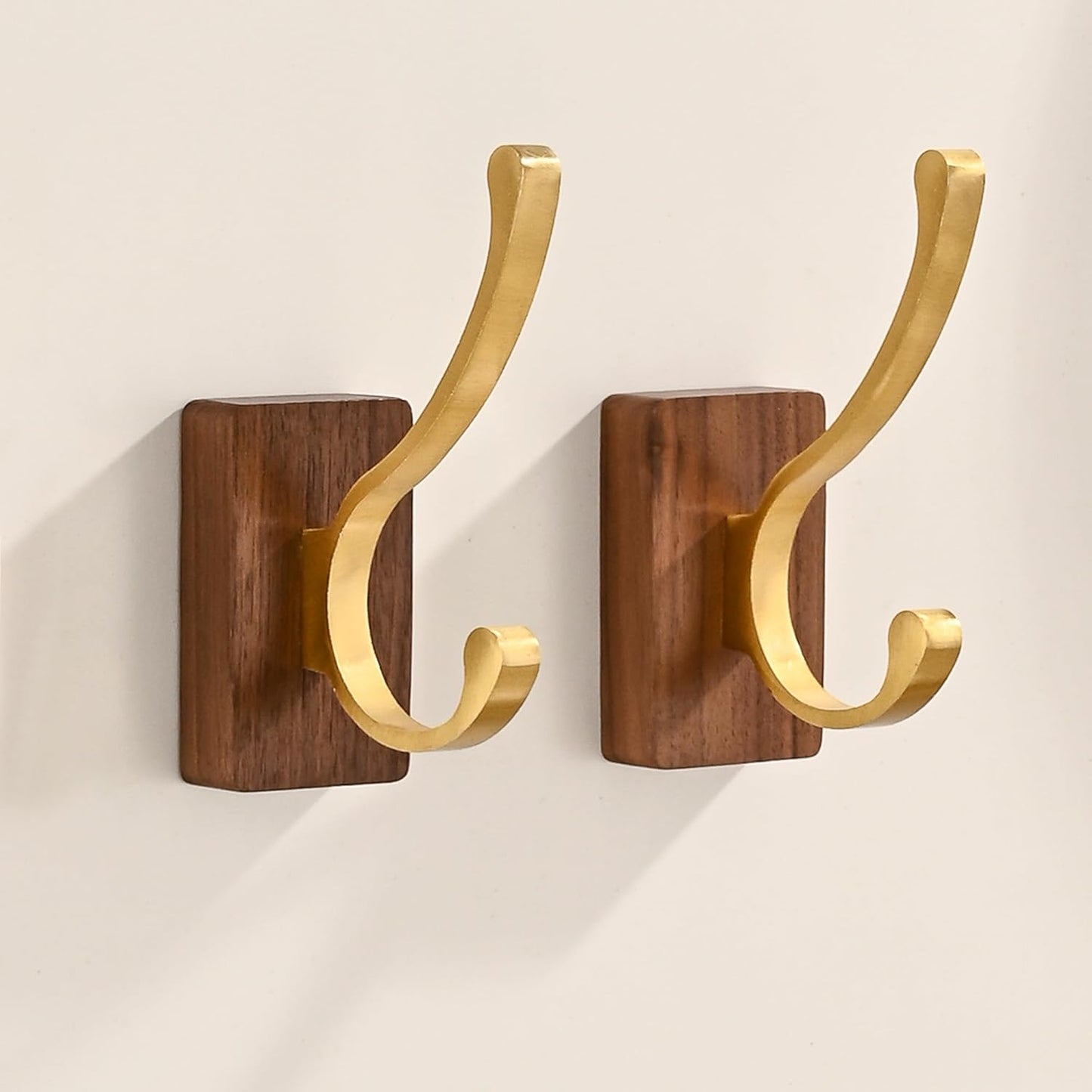 2 Pack Wooden Wall Hooks for Hanging, Adhesive Mounted Wall Mounted Boho Decorative Nature Wood Coat Hook for Towel Clothes Blanket Hat Backpack Robe Nursery Door Board Entryway Key Holder Gold