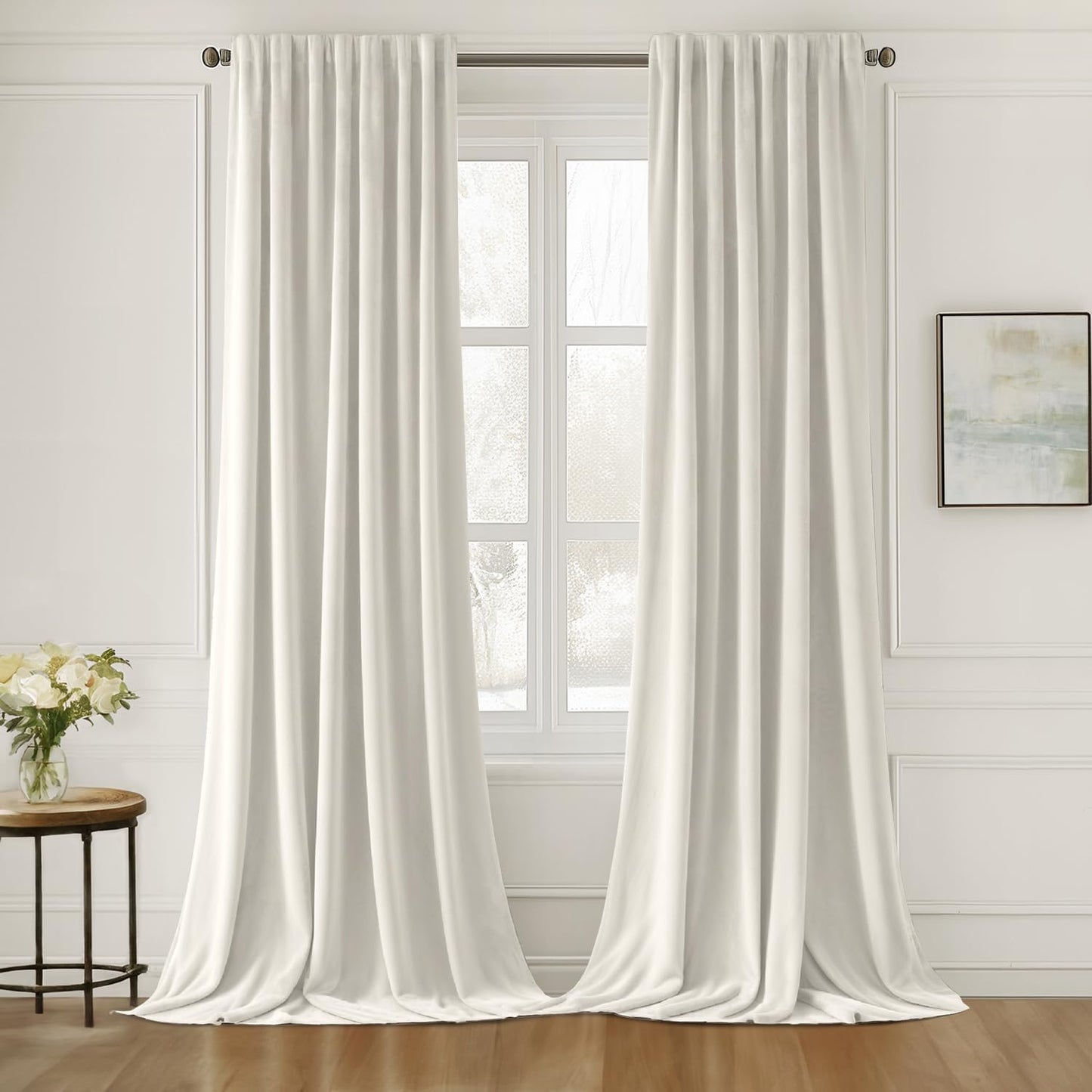 MIULEE Ivory White Velvet Curtains 96 inches Long 2 Panels - Luxury Pinch Pleated Room Darkening Window Drapes for Bedroom Living Room Thermal Insulated Super Soft, Back Tab Rod Pocket Elegant Decor