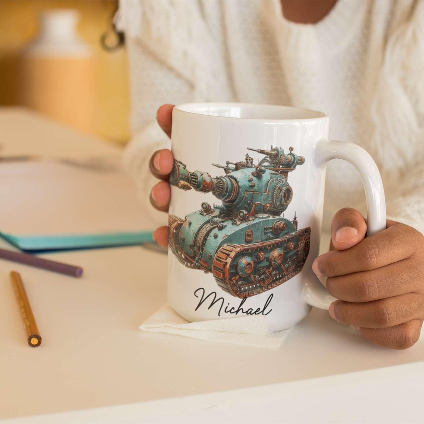 Personalized Unique Steampunk Tank Design Mug, Custom Mechanical Tank Art Coffee Cup 11oz, White Mug Gift For Mechanic Enthusiasts, Custom Name Ceramic Cup 11oz Or 15oz, Kids Mug