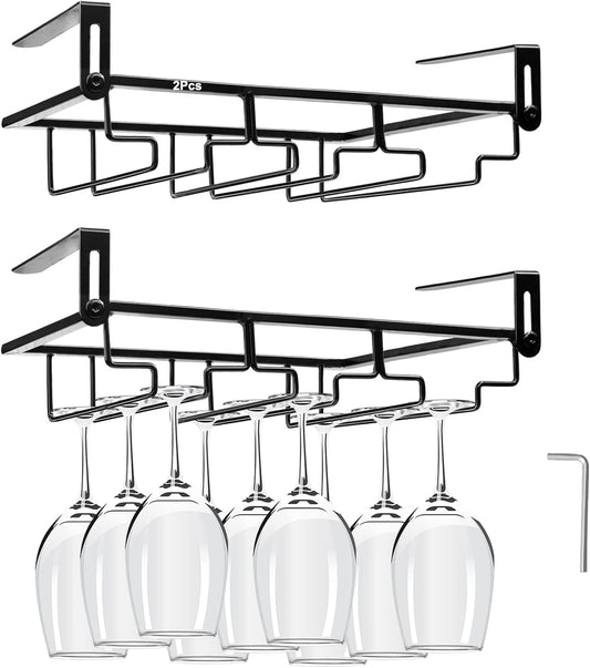 AUHOKY 2Pcs Adjustable Wine Glass Rack Under Cabinet, Punch-Free 3 Rows Stemware Metal Holder, Hanging Glass Storage Hanger Organizer for Shelf Kitchen Bar Decor (3 Rows, Black)