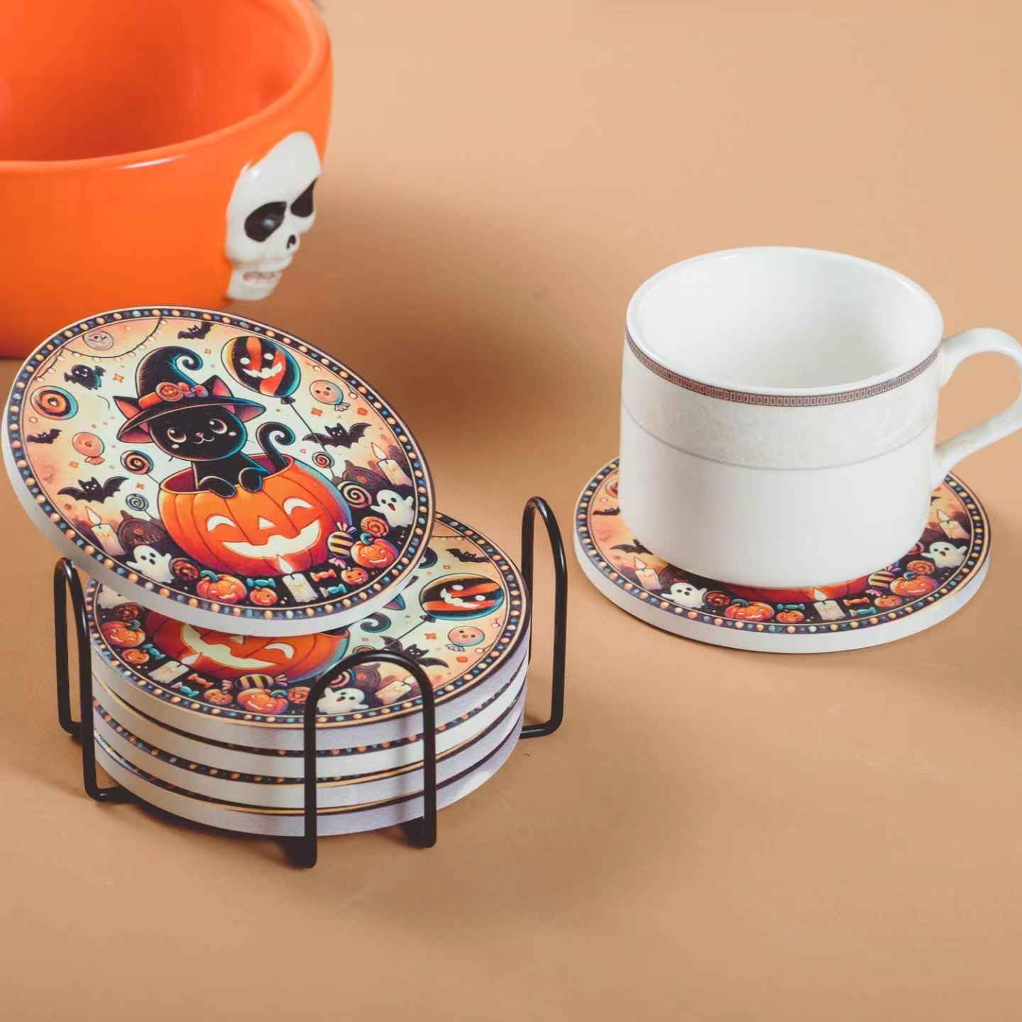 Halloween Ceramic Coasters Set of 6 with Holder – Black Cat in Pumpkin Design – Non-Slip Absorbent Drink Coasters for Halloween Party Decor and Gifts