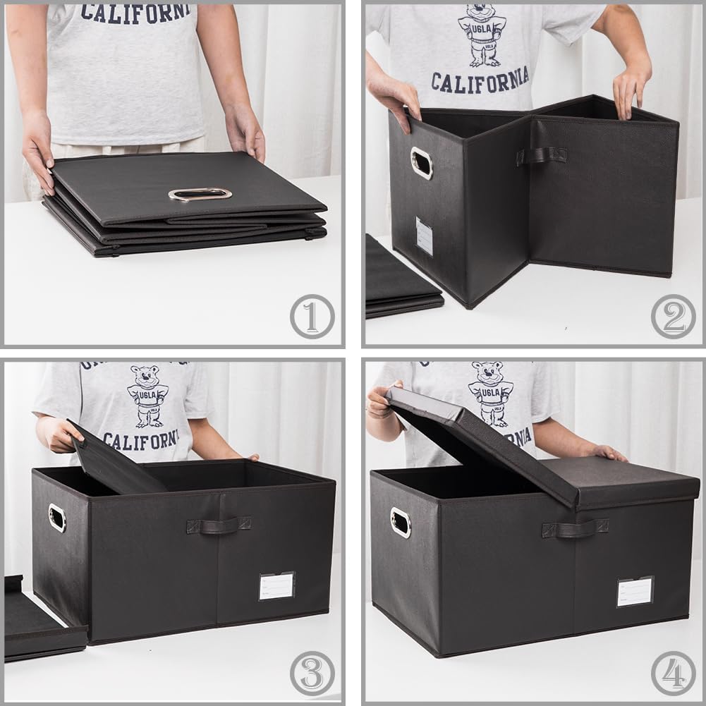 PRANDOM Collapsible Storage Box with Lid [3-Pack] Leather Fabric Foldable Storage Bin Organizer Container Basket Cube with Cover for Home Bedroom Closet Office Nursery Black(22.8X15.7X11.8)