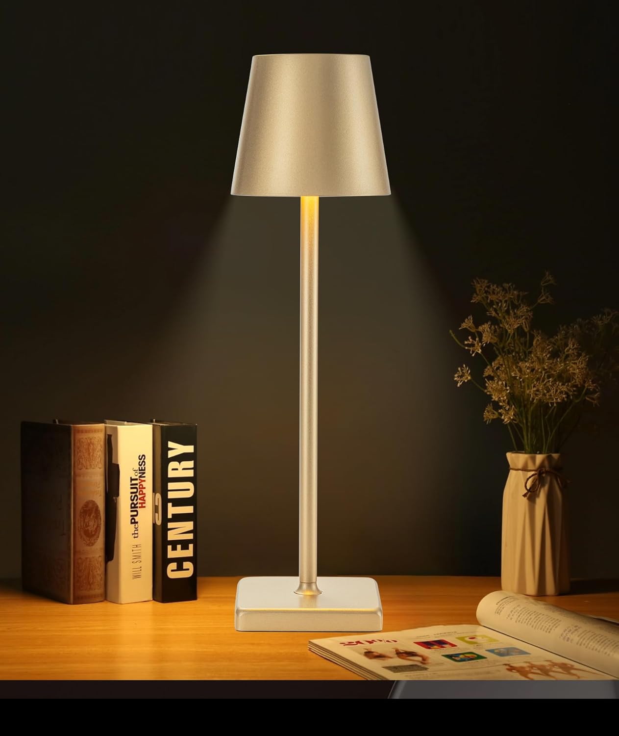 HASUN Gold Cordless Table Lamp, Aluminum Shell LED Rechargeable Desk Lamp, 3W 5200mAh Battery Operated Table Light, 3 Color Stepless Dimming Up Waterproof for Living Room/Indoor/Outdoor (Gold)