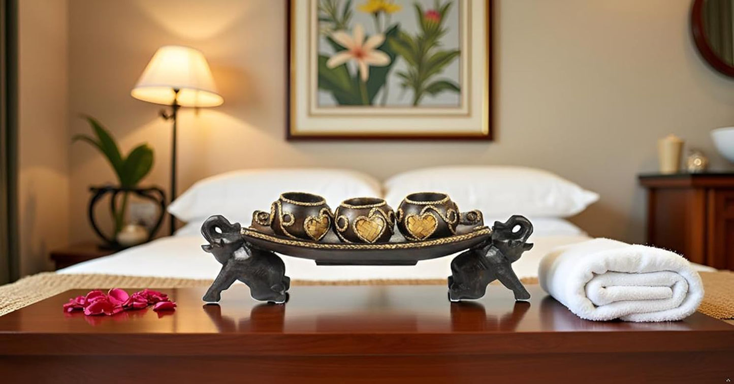 Thai Elephant Tray Carved Rain Tree Wooden Candle Holder