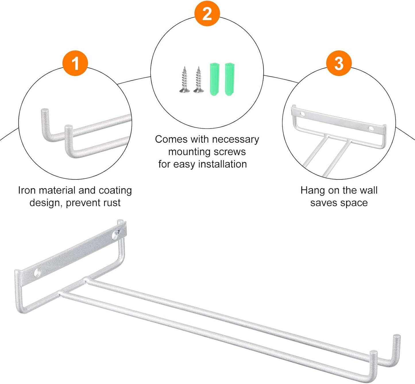 uxcell 5Pcs Wine Glass Rack, 10.43 Inch Iron Wine Glasses Rack Under Cabinet Stemware Rack - Wall Mountable Wine Glass Holder Storage Hanger for Bars Coffee Restaurants Kitchens, Silver