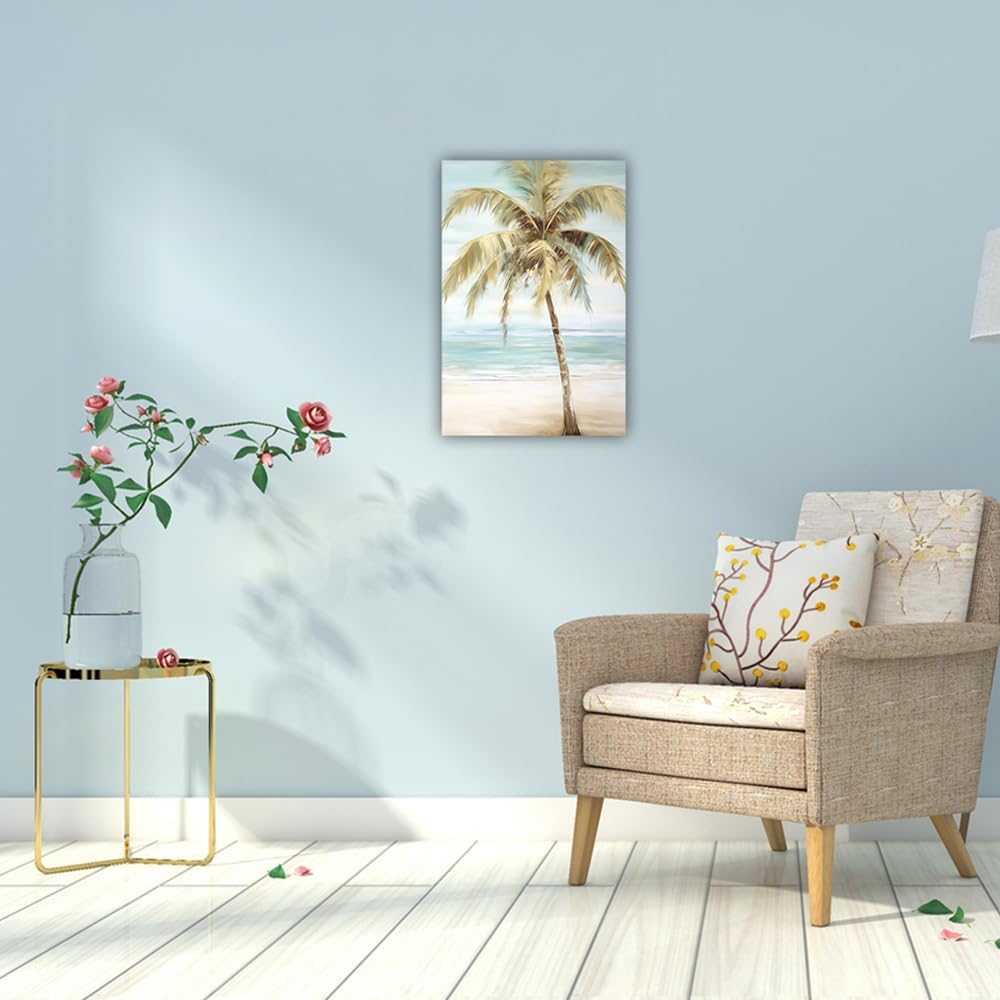 LURENCZH Tropical Beach Canvas Wall Art Seaside Palm Tree Picture Wall Decor Ocean Scenery Painting Prints for Bathroom Decor Framed(Beach-1,16.00" x 24.00")