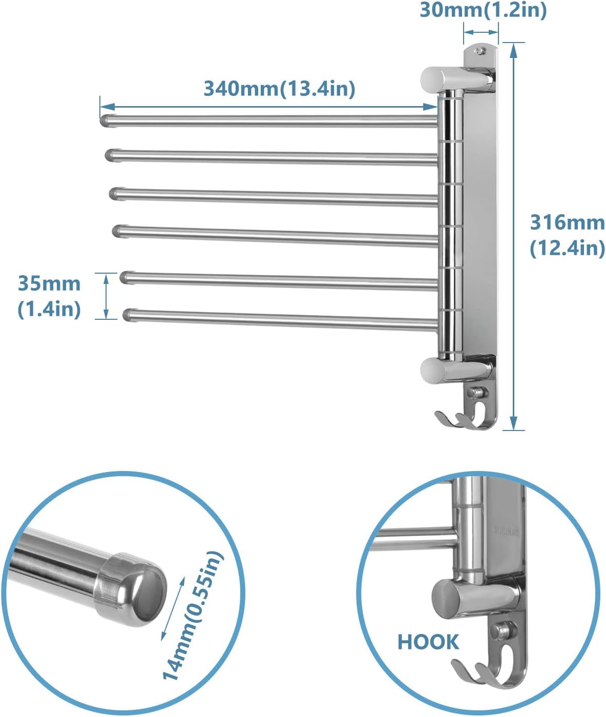 Towel Rack Wall Mounted JSVER Bathroom Towel Rack, Space Saving Towel Holder, Swivel SUS304 Stainless Steel Towel Bar, 180° Rotation 6 Arms Towel Racks for Bathroom