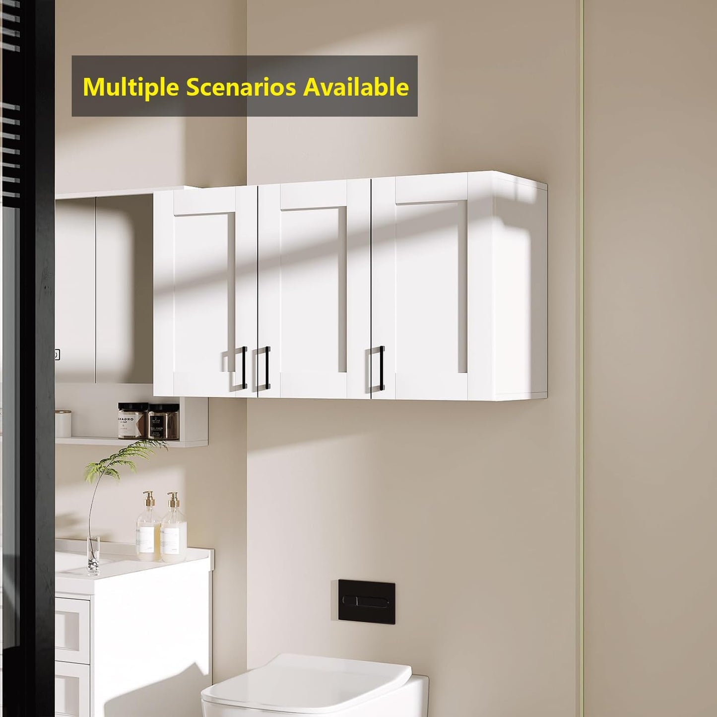 White Laundry Room Cabinets and Storage with 3 Doors and Utility Adjustable Shelf，Gabinetes Para Cocina Cupboard Kitchen Organizers and Storage Pantry Wall Mounted 12.4"D x 35.4"W x 19.7"H