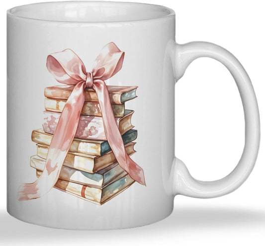 JINYO Coquette Pink Bow Books Mug, Book Coffee Cup, Reading Mugs for Book Lovers, Gifts for Readers Books Lovers Women, Bookish Bookworm Gifts for Women, Ceramic Coffee Tea Mug 11 oz