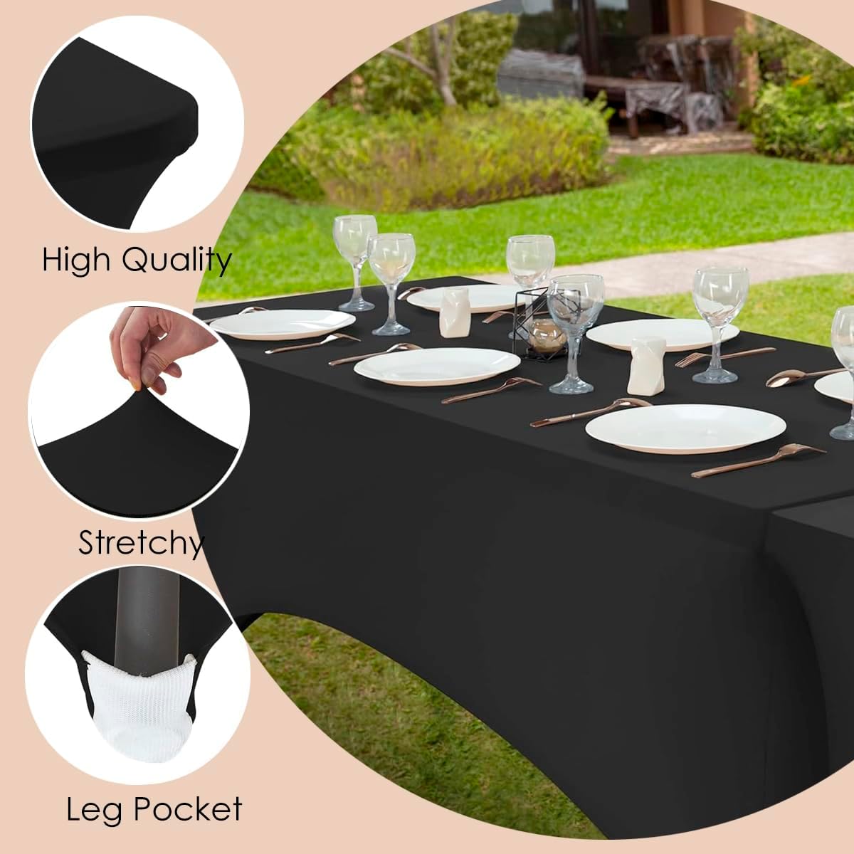 Craft And Party 6 Pack 8ft Black Spandex Tablecloth – Fitted Stretch Cover – Universal Fit for Folding Tables – Wrinkle-Free, Washable – Ideal for Parties, Weddings, Events