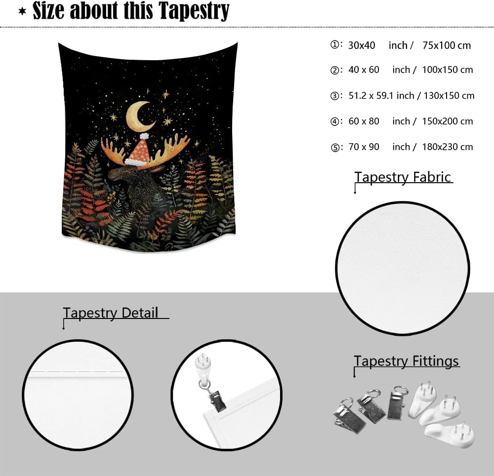 Cute Moose Tapestry Winter Christmas Aesthetic Wall Hanging Decor Funny Animal Lover Gift Whimsical Christmas Tapestries for Nursery Kids Bedroom Home Living Room Decoration 60x80inch