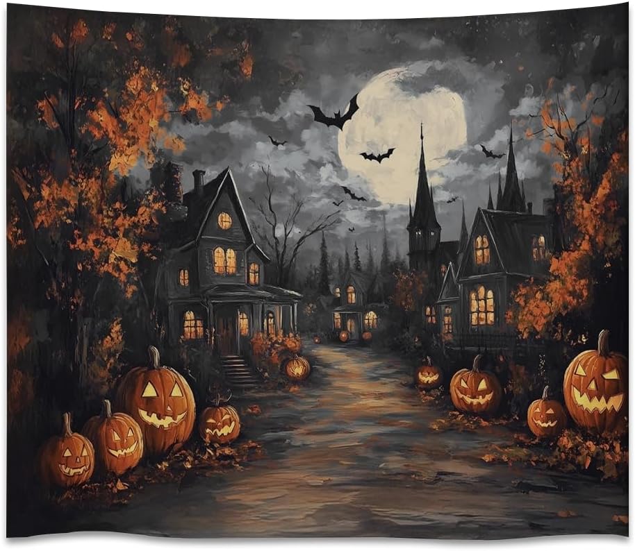 Spooky Halloween Tapestry Haunted Home Bats Pumpkin Tapestry Wall Hanging Dark Academia Fall Full Moon Decor Gothic Ghost Tapestries for bedroom Living Room Decoration 30x40inch