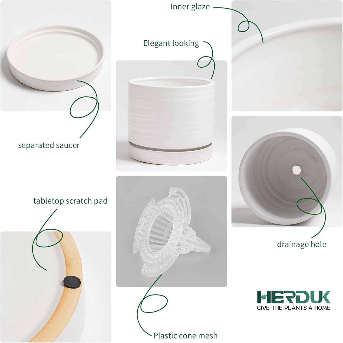 6 + 8 Inch Plant Pots, Ceramic Planter Pot with Drainage Hole & Saucer, Indoor/Outdoor Cylinder Round Planter Pot, Matte White