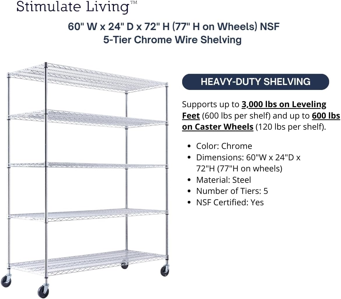 60"x24"x72" PRIME HEAVY DUTY Chrome 5-Tier Wire Shelving NSF 3000 LBS MAX Capacity Storage Rack for Commercial, School, Home, Garage, Warehouse, Industrial, and Hospital Uses (with Wheels)