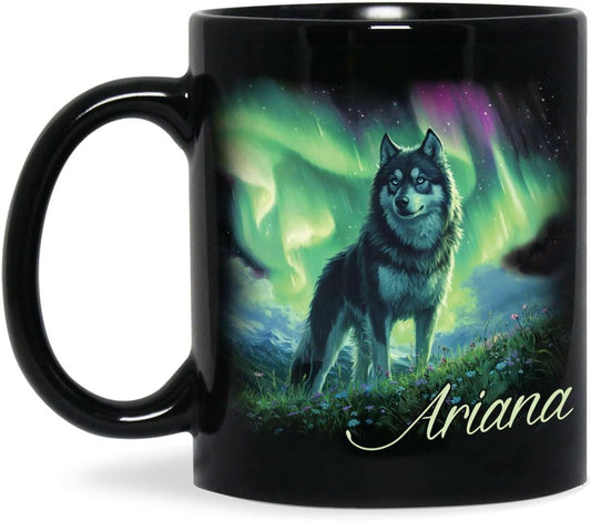 Personalized Husky With Northern Lights Coffee Mug, Custom Name Black Cup 11oz 15oz, Customized Cute Husky Dog Ceramic Mug, Gift For Animal Lovers, Beautiful Landscape Keepsake Cup