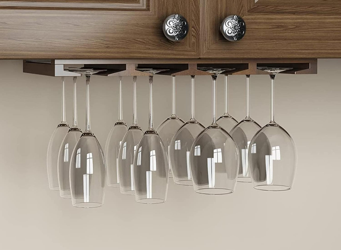 Rustic State Eze 4 Sectional Wood Under Cabinet Wine Glass Holder Wine Glass Rack Hanging Shelf Stemware Bar Organizer - 12 Wine Glass Storage - 10 Inch Deep - Chestnut Stained