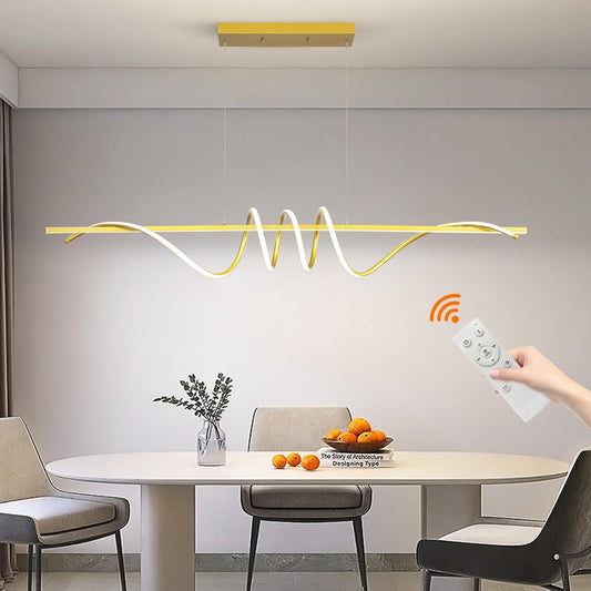 Modern Design Dimmable Desk Linear Pendant Light, with Remote Control Dimmable 3 Color Mode & Brightness Ceiling Lamp, Anti-Flicker Dining Light Fixture for Kitchen, Dining Room (Gold, 57IN)