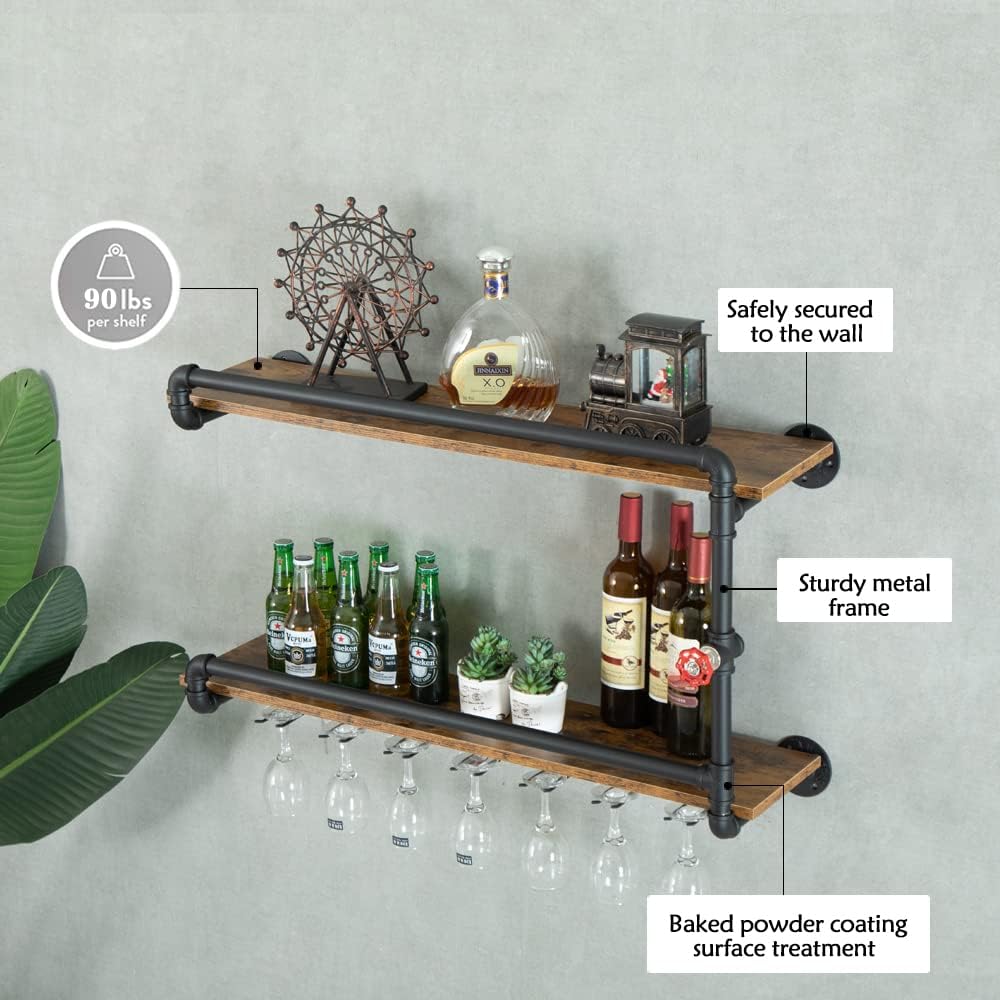 Wine Rack Wall Mounted 2 Tier, Hanging Floating Bar Liquor Shelves with Glass Holder Storage Under, Industrial Rustic Pipe Farmhouse Kitchen Decor Black(35.4x10.6x19.7)