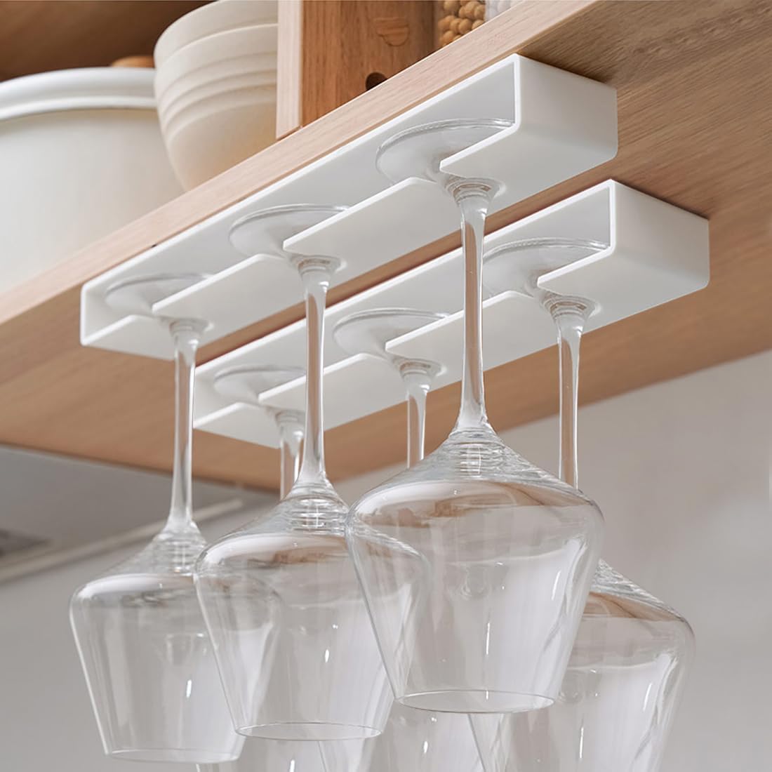 4 Pack Wine Glass Holder,Wine Glass Rack Punch-free Under Cabinet Wine Glass Holder Hanging Plastic Stemware Rack（White）