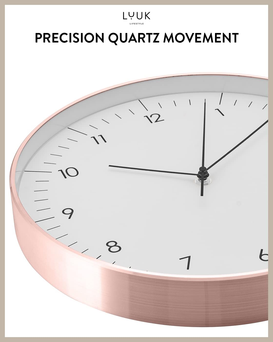 LUUK LIFESTYLE Timeless Wall Clock with Silent Movement and no Ticking, Elegant Design, for Children's Room, Living Room, Bathroom, 12”, White and Rosegold