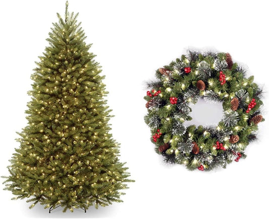 National Tree CompanyNational Tree Company Pre-Lit Artificial Full Christmas Tree, Green, 7 Feet & Pre-Lit Artificial Christmas Wreath, Green
