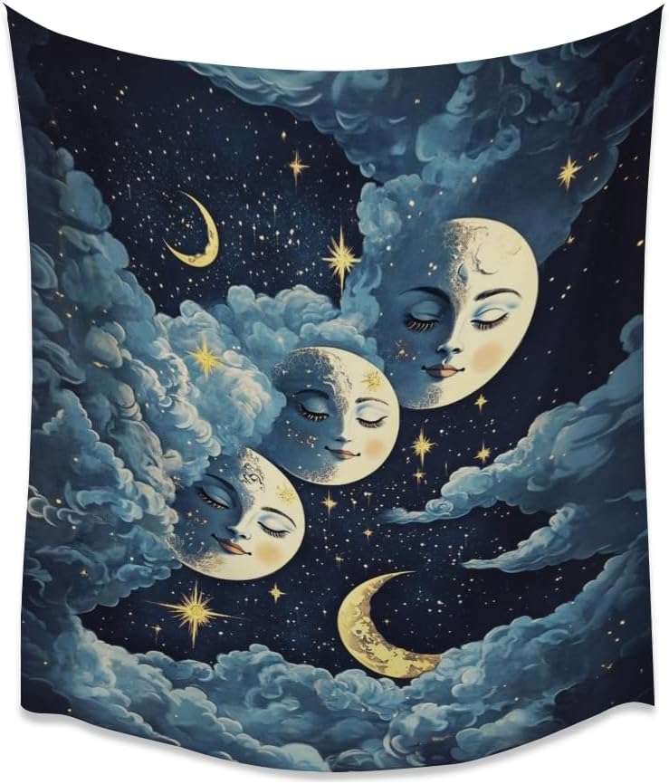 Blue Moon Faces Tapestry Celestial Wall Art Dark Academia Aesthetic Print Stars Clouds Tapestries Wall Hanging whimsical Gothic Home Decor for Bedroom Living Room 70x90inch