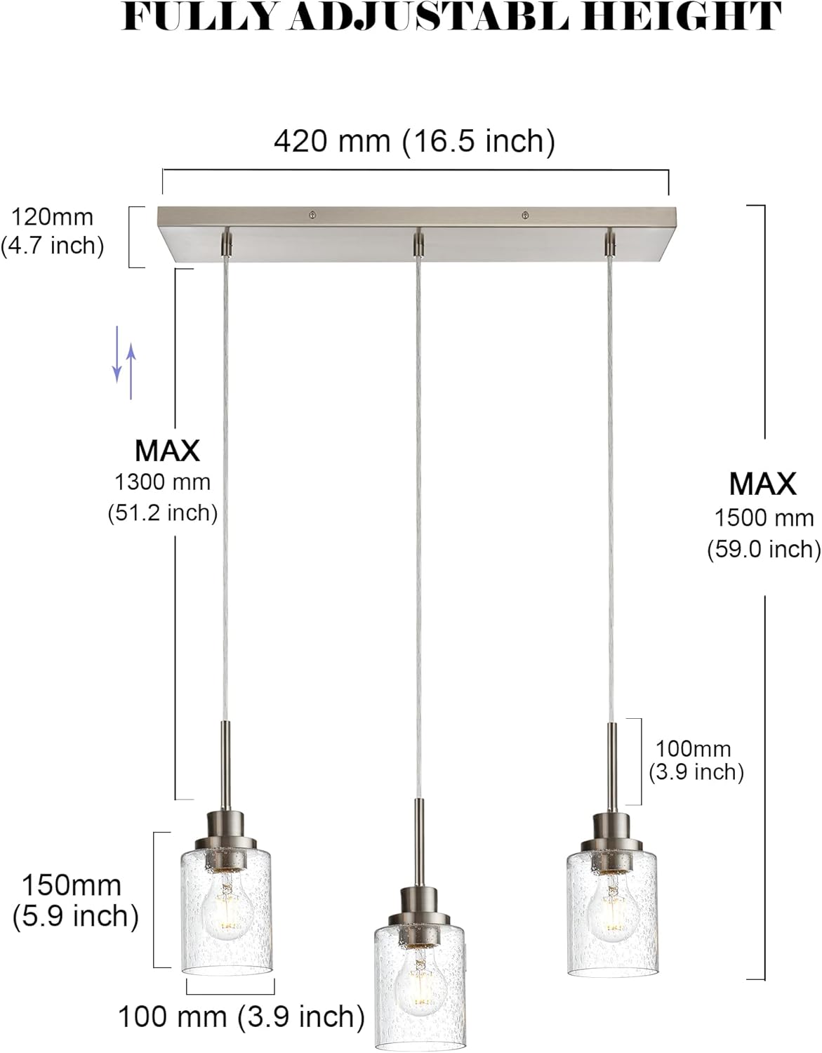3-Light Farmhouse Chandelier Light Fixture Brushed Nickel Clear Seeded Glass Dining Room Hanging Modern Pendant Lighting Over Table,Traditional Ceiling Lights for Kitchen Island Entryway