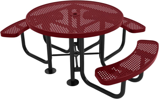Heavy-Duty Portable Outdoor Picnic Table with Umbrella Hole, Punched Steel Patio Dining Furniture Made in America (46" Round Top, Burgundy)