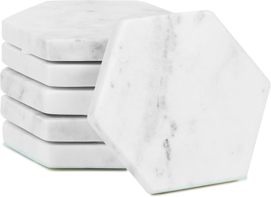 Set of 6 Hexagon Marble Coasters | White Decor for Modern Homes | Drink Coasters for Coffee Table, Dining, Bar or Office| Made from 100% Solid Real Marble | Cute Stone Coasters