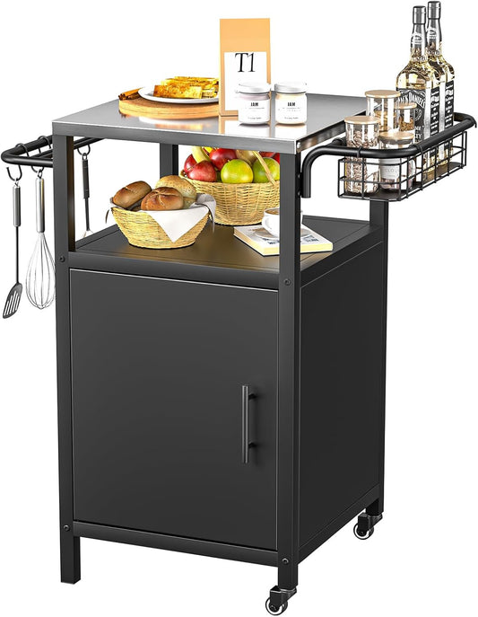 Outdoor Grill Cart with Storage Cabinet, Prep Table with Stainless Steel, BBQ Tables Cart Portable Patio Bar with Lockable Wheels, Movable Kitchen Island for Outside Backyard Patio