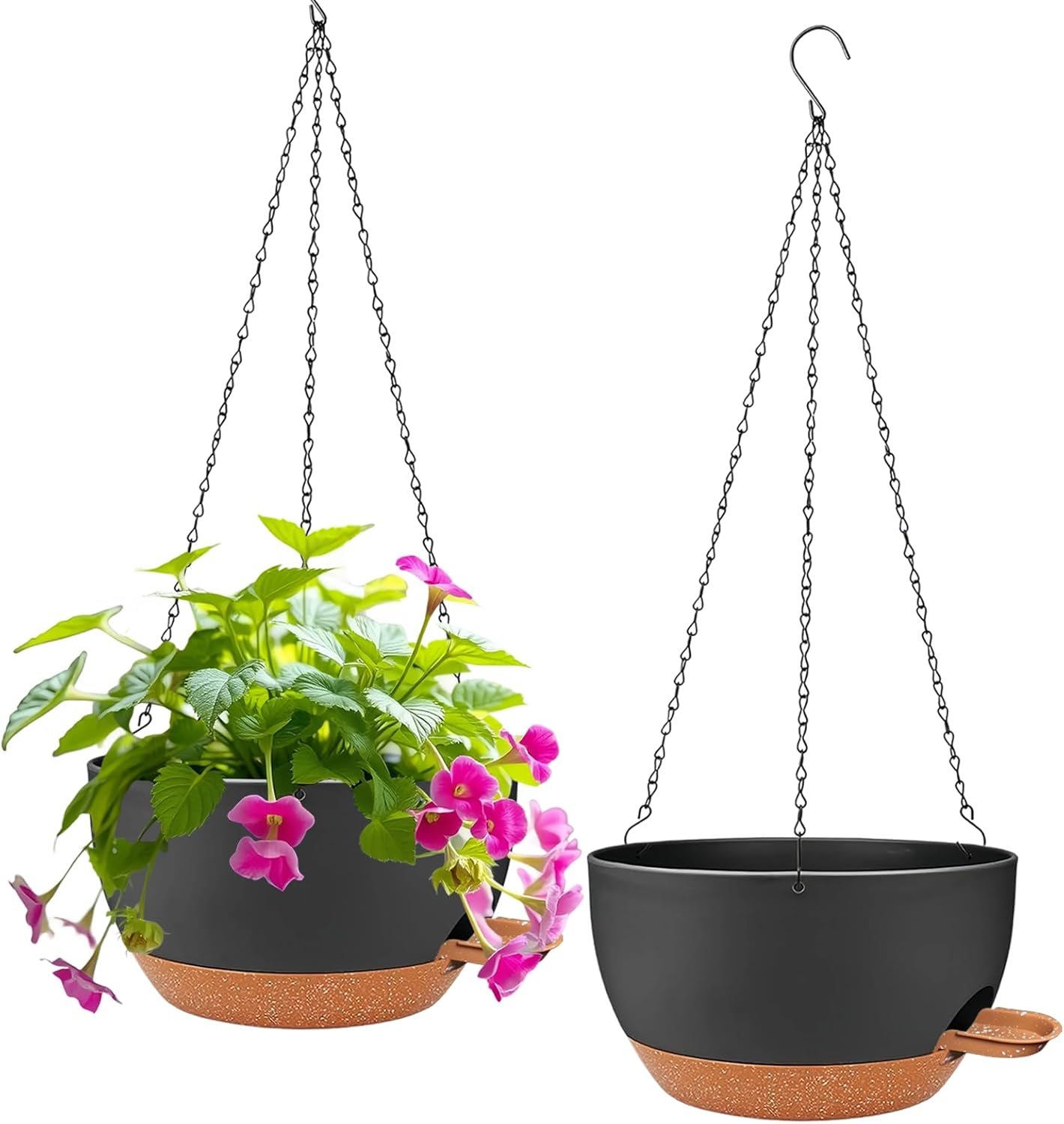 2 Pack Hanging Planters for Indoor Outdoor Plants, 12 Inch Self Watering Hanging Pot with Drainage Holes and Saucer, Plastic Plant Pots, Black Brown Flower Pots for Kitchen, Balcony, Garden