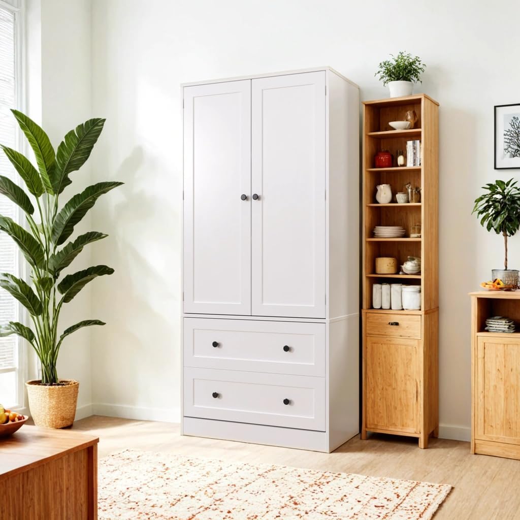 64.2" Tall White Kitchen Pantry, Storage Cabinet with Doors and Drawers, Freestanding Wooden Organizer for Kitchen, Dining Room