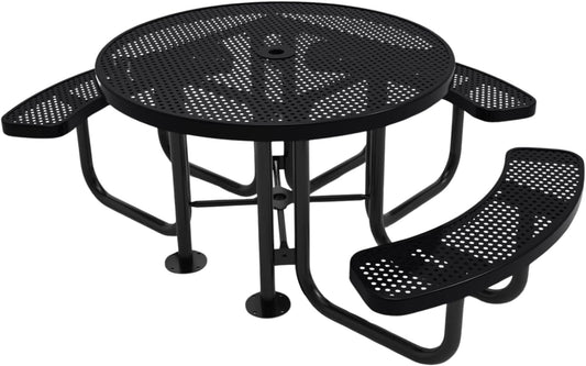 Heavy-Duty Portable Outdoor Picnic Table with Umbrella Hole, Punched Steel Patio Dining Furniture Made in America (46" Round Top, Black)