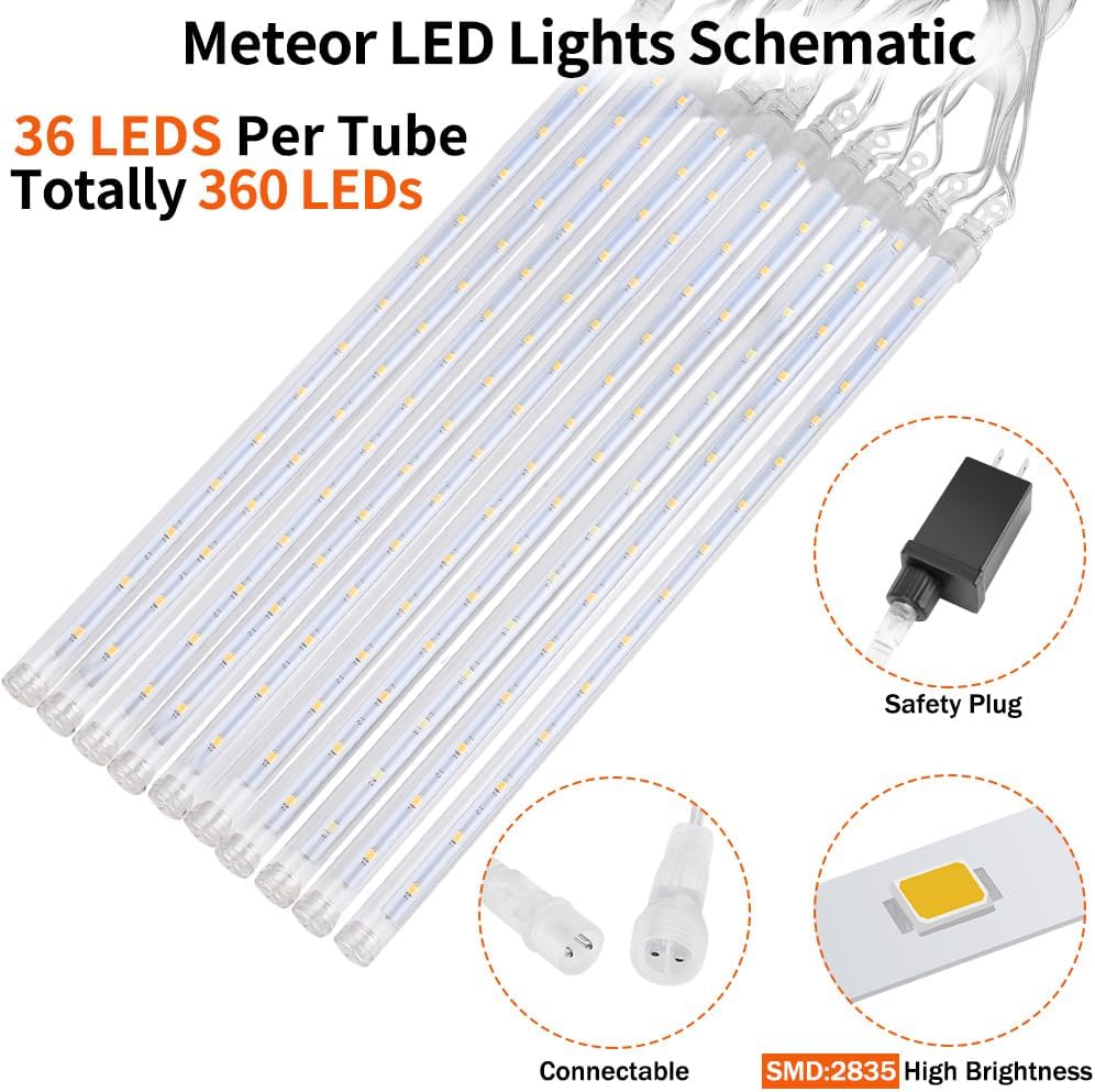 4 Pack Christmas Meteor Shower Rain Lights, 20-Inch 40 Tube 1440 LEDs Icicle Outdoor Raindrop Lights for Xmas, Halloween, Wedding, Party, Tree, Holiday Decoration, Green