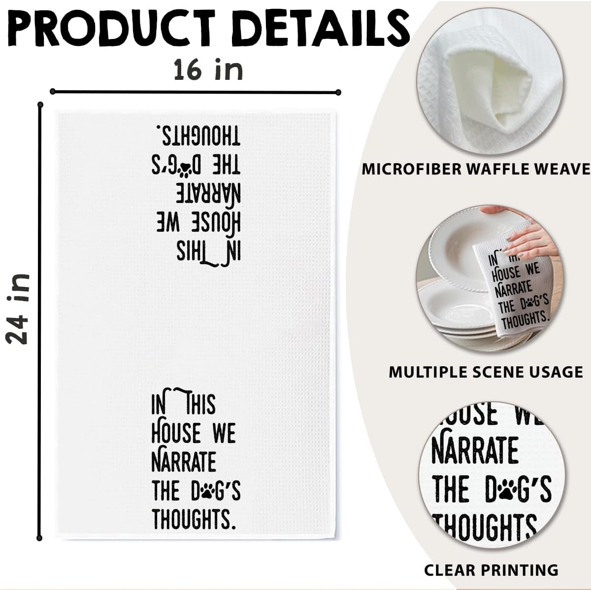 Dog Kitchen Towel, Waffle Weave Microfiber Dish Towel, in This House We Narrate The Dog's Thoughts, Funny Pet Decor Gift for Dog Moms, Animal Lovers